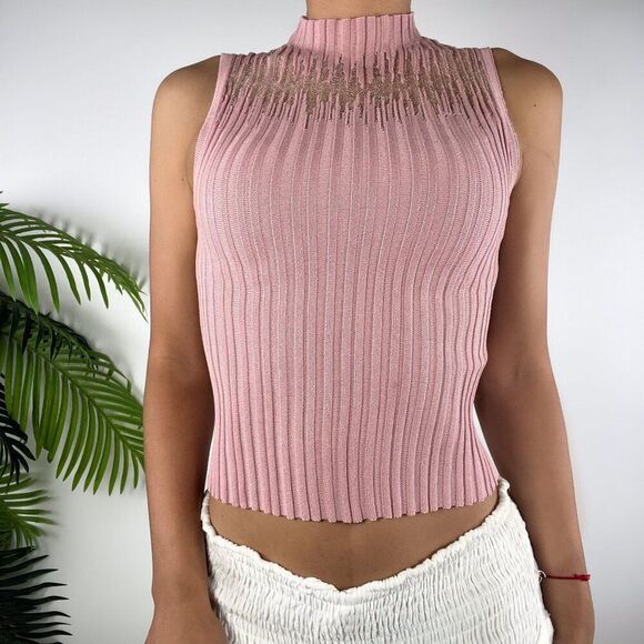Vintage Mauve Coquette Cottagecore Mock Neck Ribbed Sleeveless Knit Top / S - Picture 5 of 5